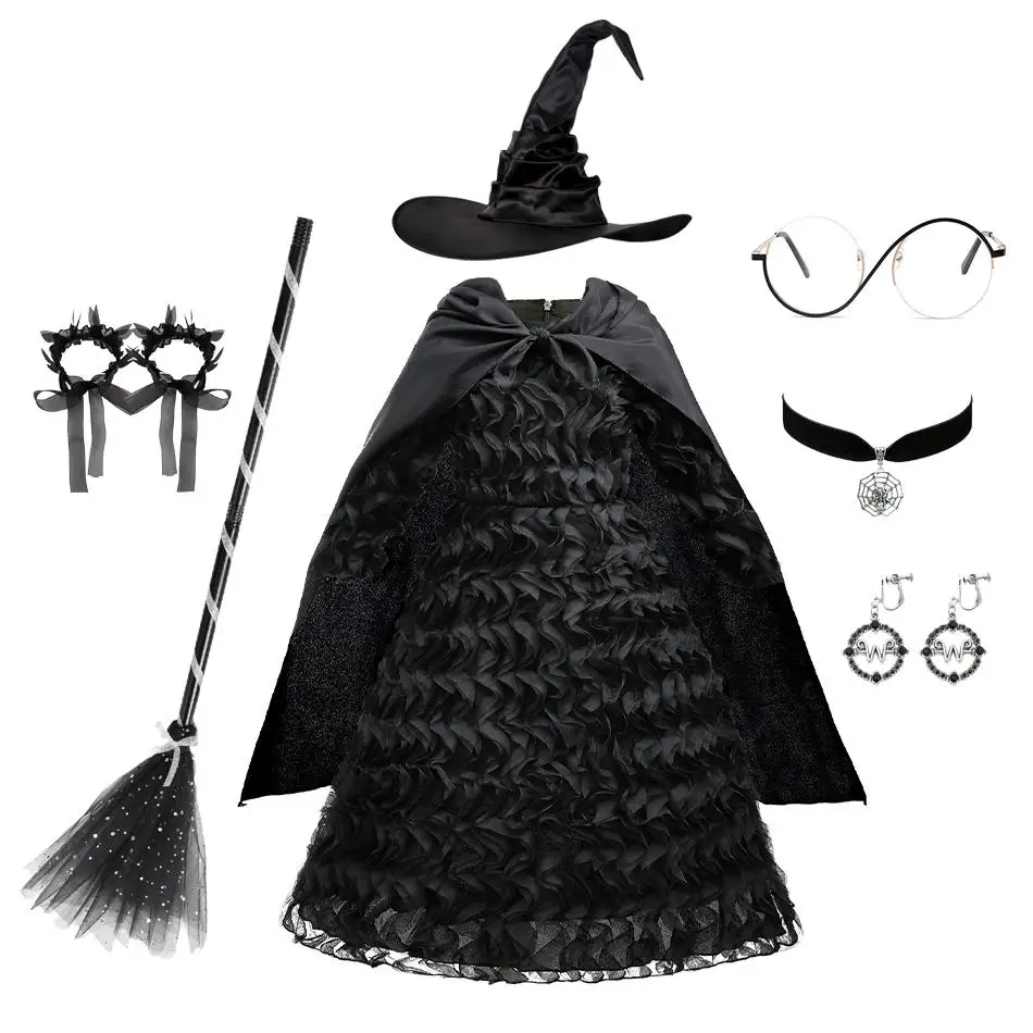 Girls Black Witch Costume Ruffle Tutu Dress with Cape Kids Elphaba Costume Set For Halloween Cosplay Carnival Party