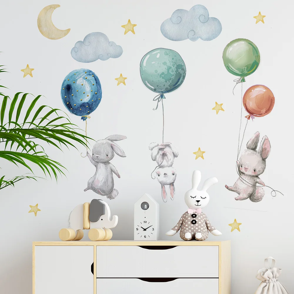 Simpatici adorabili conigli volanti adesivi murali palloncini Moon Star Cloud decalcomania rimovibile per bambini Nursery Baby Room Decor Poster