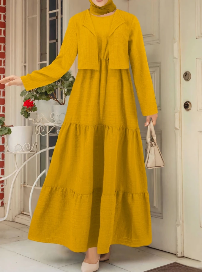 Women's Dress Set Fashion Commuting Casual Notched Collar Long Sleeve Cardigan Coat and Solid Round Neck Sleeveless Maxi Dress