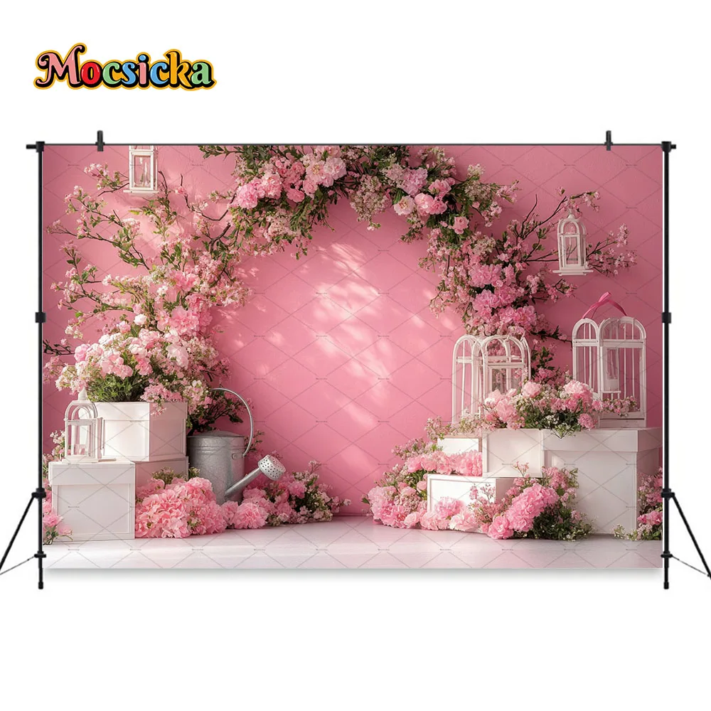 Pink Flower Garland Wall Photography Background Spring Garden White Lantern Backdrop Decor Girl Kids Birthday Photocall Studio