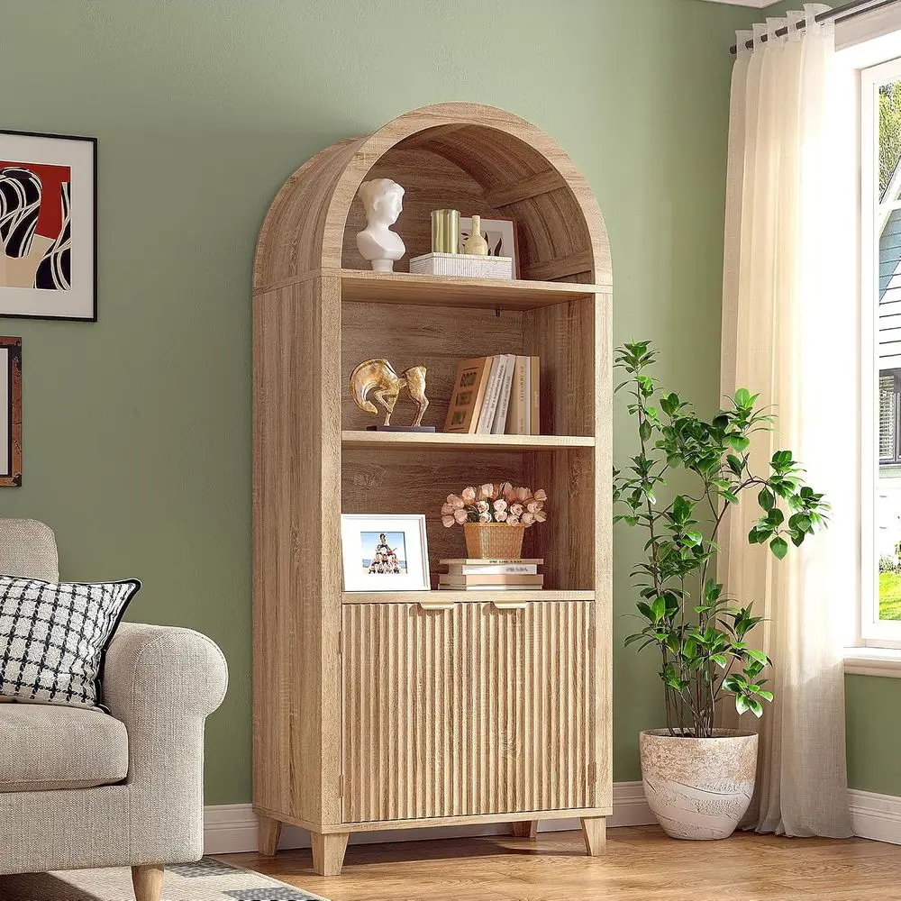 Arched Cabinet, 5-Tier Storage Shelves, Light Oak | Century Design with luted Do, Anti-Tipping or Kids and Pets