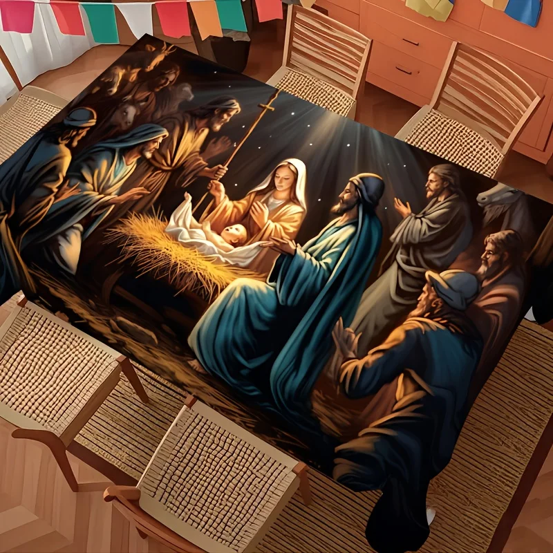 JIT-1 piece, Christ Jesus Birth theme tablecloth, with vintage scene print.zyc