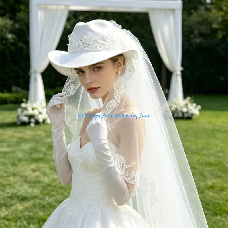 

573B Embroidery Flower Veil White Cowboy Cap Bridal Weddings Photoshoots Accessory
