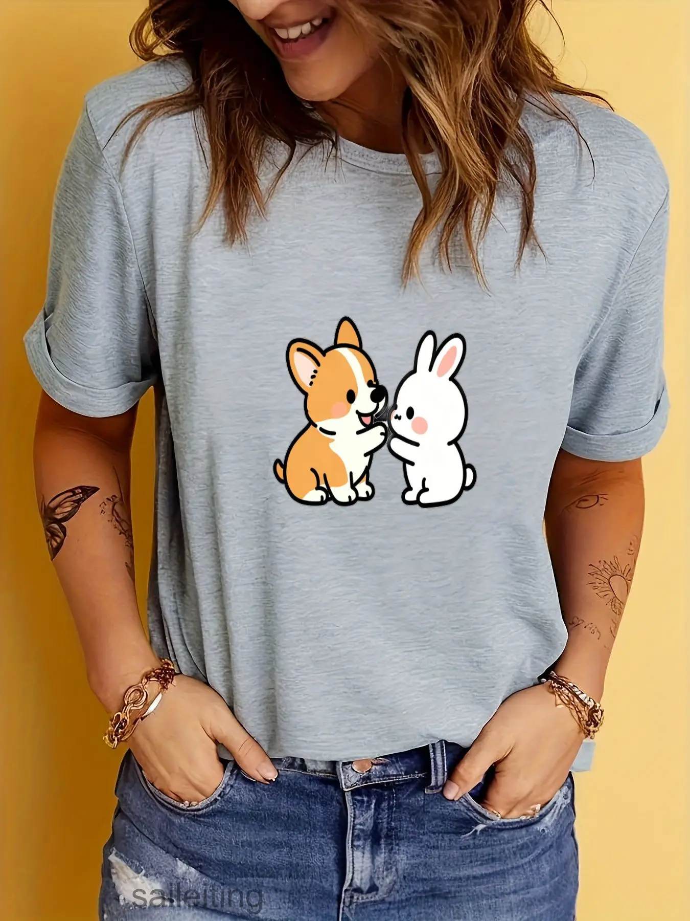 Cute Cartoon Puppy and Bunny Kissing Graphic Tee - Adorable Animal Print Short Sleeve T-Shirt, Soft Casual Summer Top for Wom