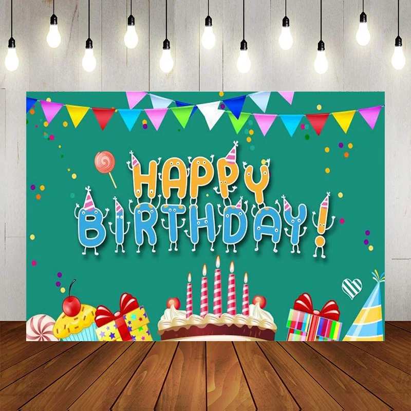 Birthday Backdrop Gift Candle Banner Colorful Cake Children Party Decorations Photography Background