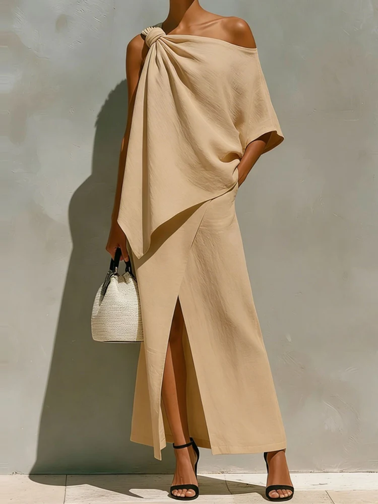 Sexy One-shoulder Knot Hollow Top & Slit Skirts Set Spring Casual Solid Color 2pc Outfit for Women Summer Sleeveless Office Suit