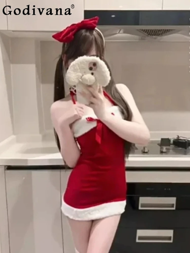 

Christmas Cute Female Red Sexy Strapless Sweet Bow Cosplay Dress Fashion Versatile Age Reduction High Waist A-line Sllim Dresses