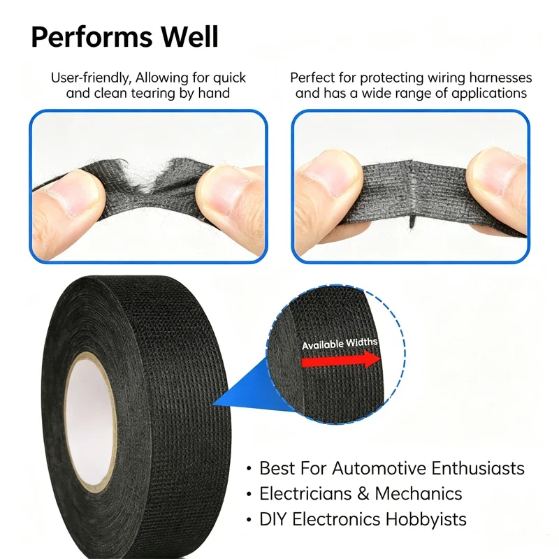 15M/Roll Adhesive Cloth Fabric Electrical Tapes 9mm - 50mm For Auto Car Wiring Cable Wire Harness Bundle Wrap Organize Tape