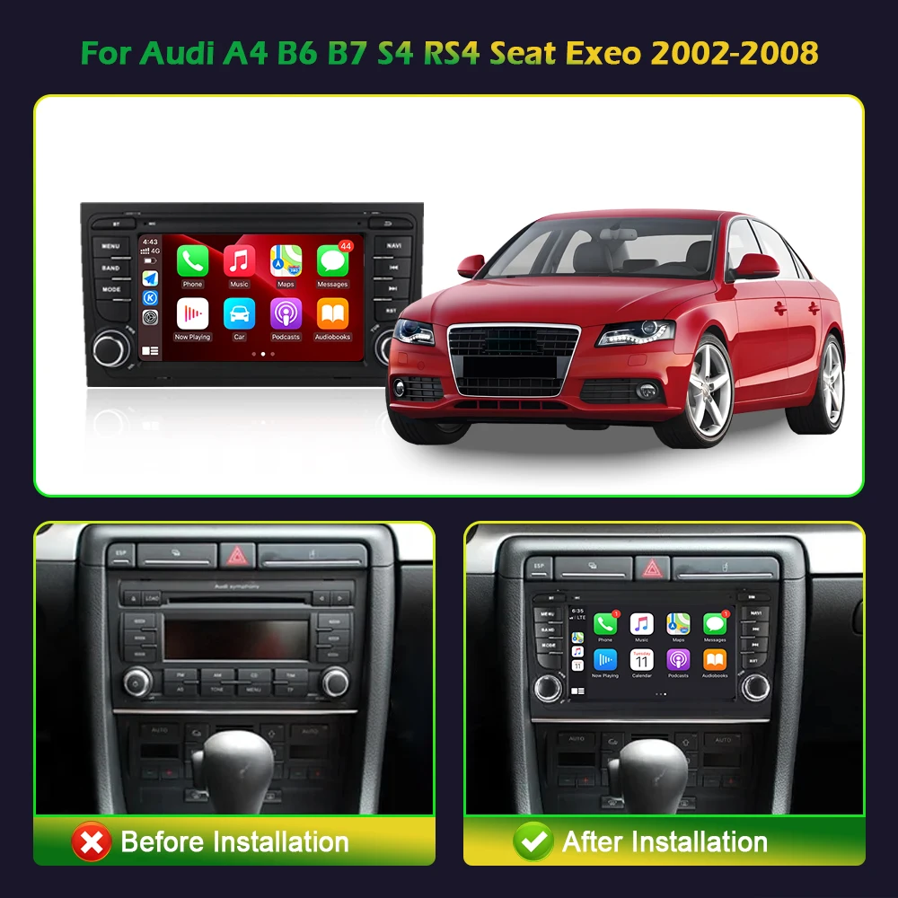 Reproductor Multimedia con Android 12 y navegación GPS para Audi, Radio estéreo con pantalla táctil, Carplay inalámbrico, 2 Din, para Audi A4, B6, B7, S4, RS4, Seat Exeo, años 2002 a 2008