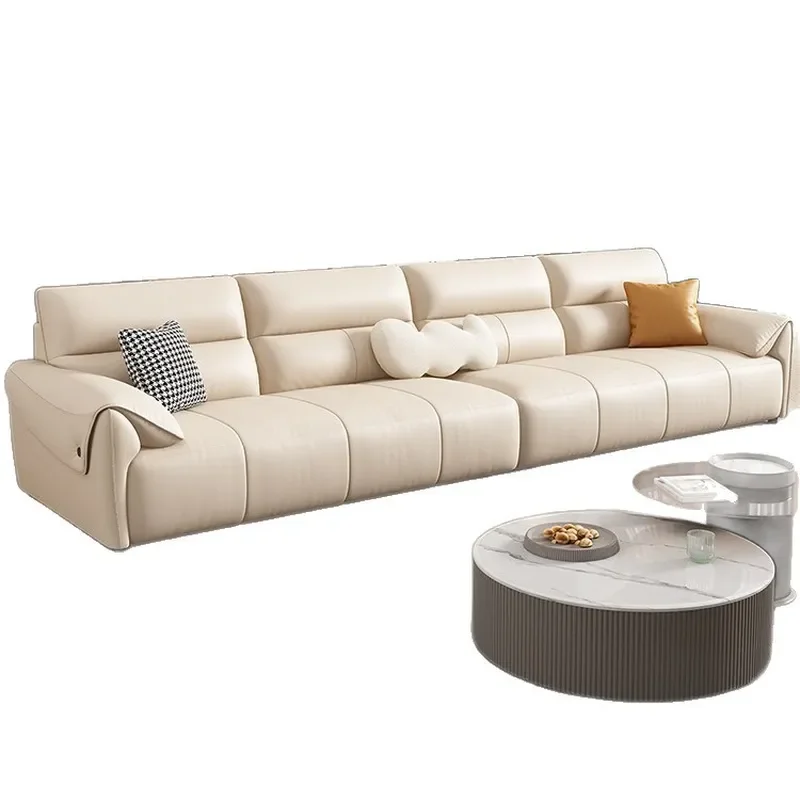 Modern Genuine Leather Sofa 3 Seater Straight Couch Top Grain Cowhide Living Room Furniture Light Luxury Minimalist Design