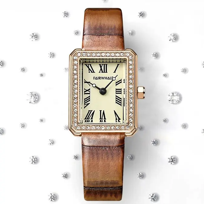 Fairwhale Trend Roman Diamond Rectangle Women's Watch with Brown Leather Strap - Waterproof Fashion 2025 Mark