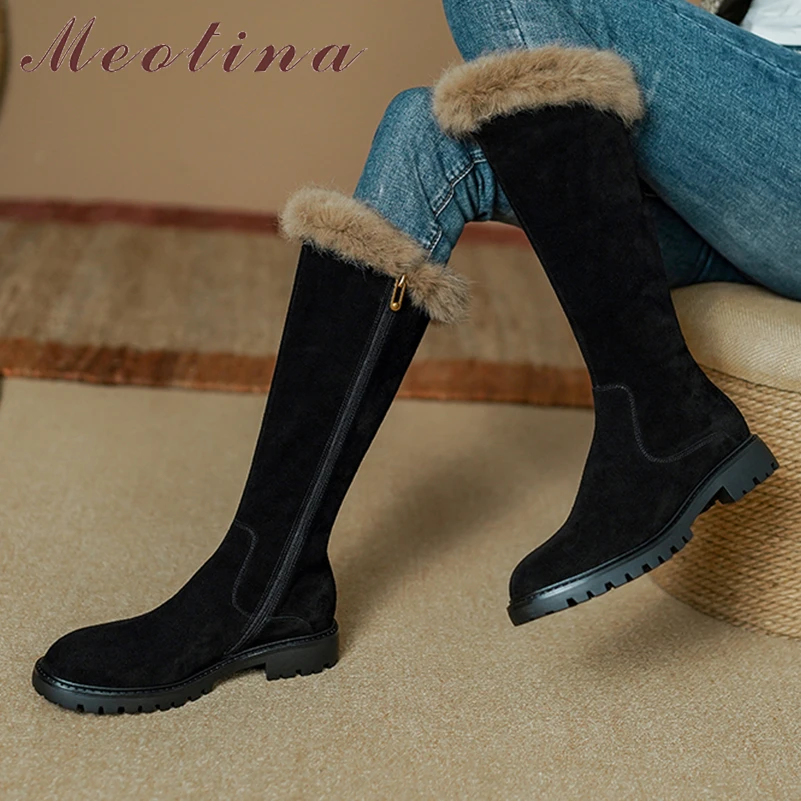 

Meotina Women Genuine Leather Knee High Boots Round Toe Flats Zipper Cow Suede Long Boots Ladies Fashion Shoes Winter Black 40