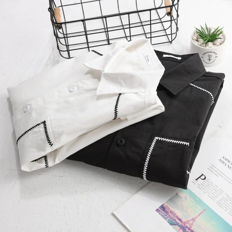 

Новая мужская рубашка в корейском стиле, черная, с длинным рукавом, повседневная, с контрастной строчкой, дизайнерская, весенняя, из чистого хлопка