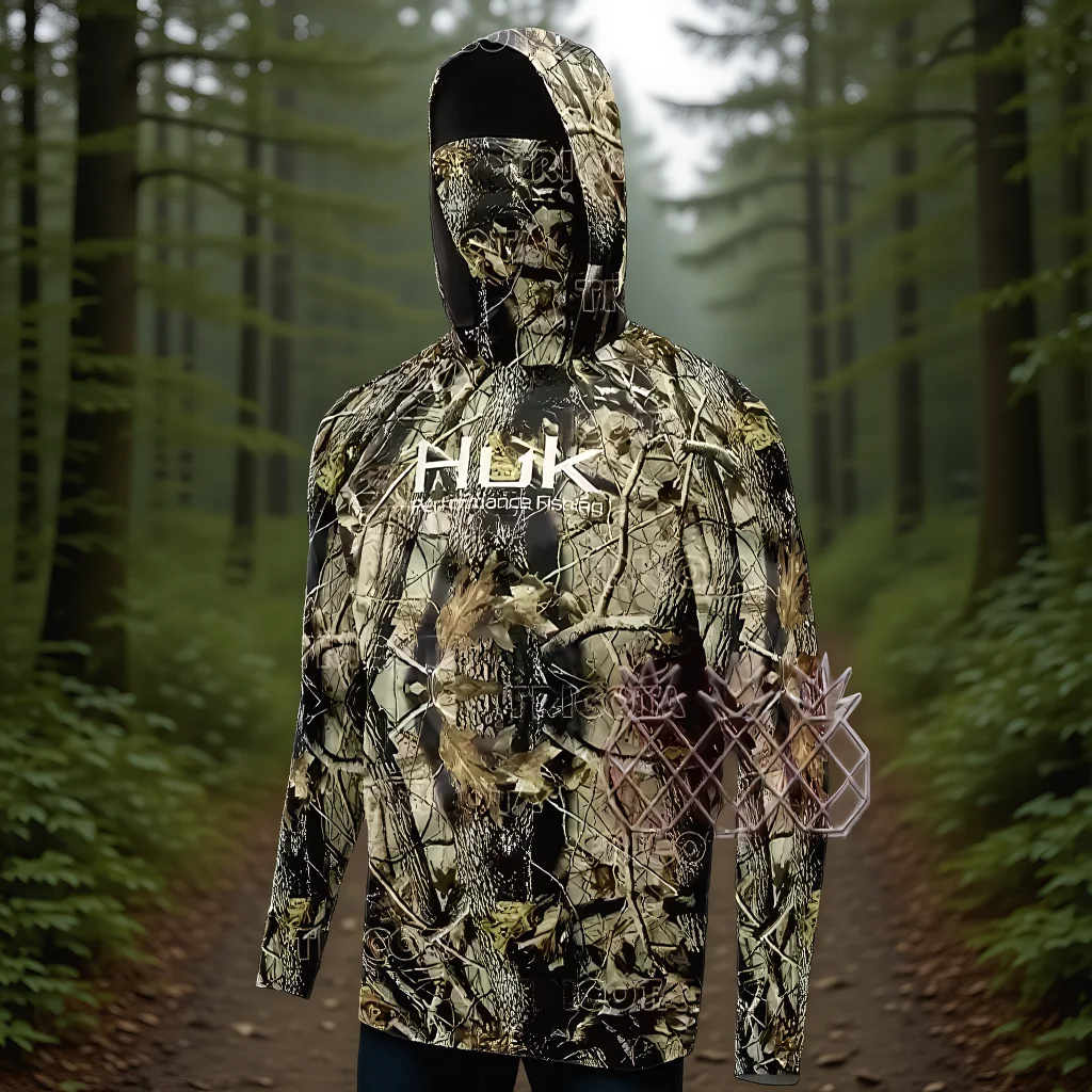 

HUK Fishing Shirt Summer Long Sleeve Fishing Hooded Shirts With Face Mask Fish Clothing Outdoor Sun Protection T-shirts UPF 50+