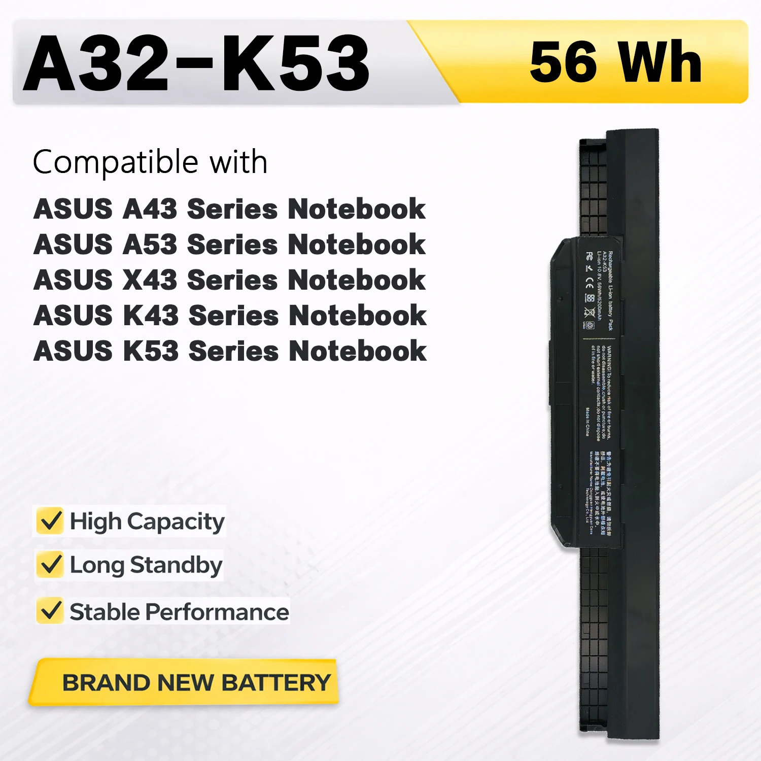 Batería para ordenador portátil PowerHub A32-K53 10,8 V 56Wh para ASUS A43 A53 X43 K43 K53 Series reemplaza A31-K53 A41-K53 A42-K53