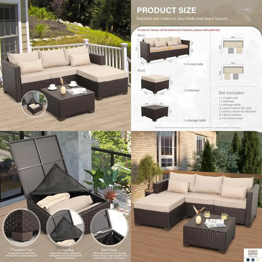

3-Piece Outdoor Sectional Sofa Set with Wicker Couch, Ottoman, and Coffee Table - All-Weather, Weather-Resistant Storage Include