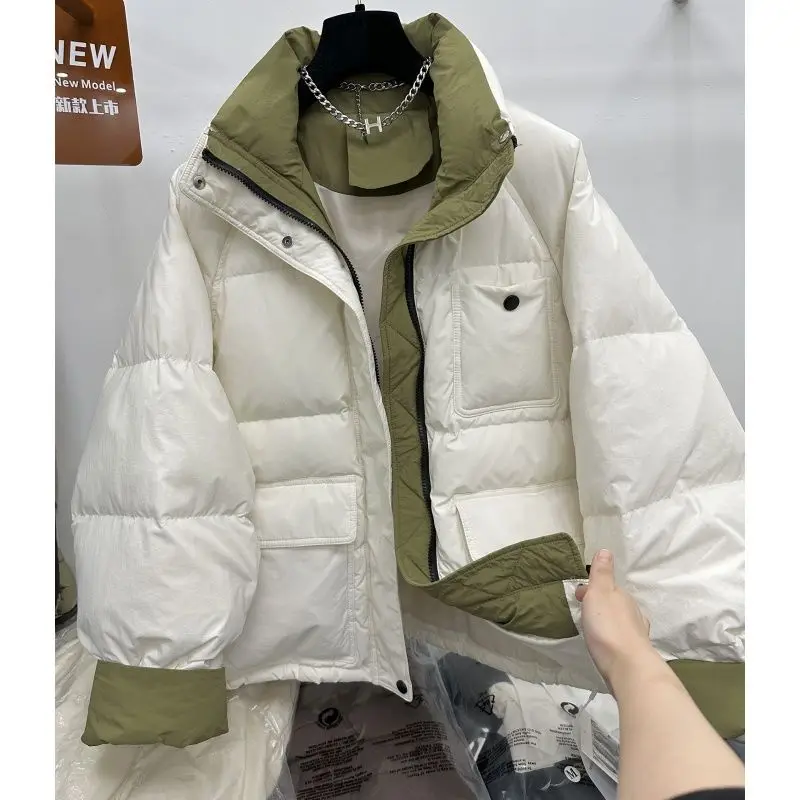 جاكيت قطني متباين بياقة واقفة عصرية للنساء في شتاء 2025، مع إحساس فاخر وفضفاض، مقاس سميك #4