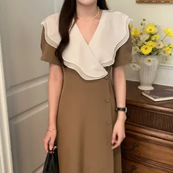 Vestido largo Vintage de verano para mujer, traje de doble capa con cuello con volantes y cordones, cintura ajustada, novedad de 2024