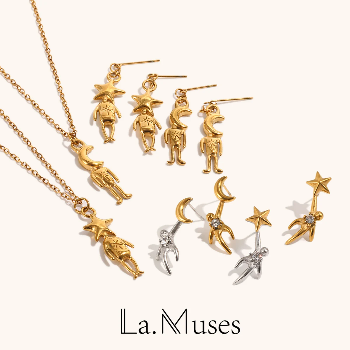 La. Muses Mixed Color Abstract Star Moon Portrait Stainless Steel Women's Necklace Earrings PVD Gold Plated Trendy Daily Jewelry