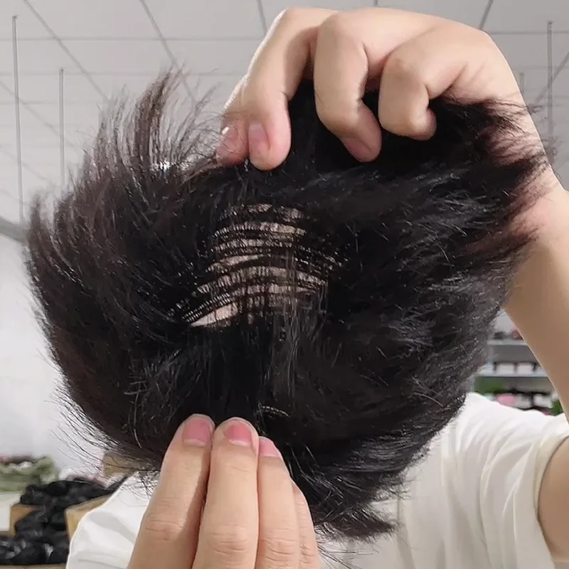Short Real Human Hair Toupee with 4 Clips for Men's Baldness Prosthetic Wig Male Hair Replacement System Piece