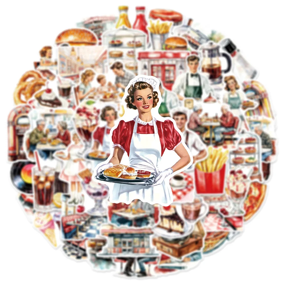 50Pcs Vintage Restaurant & Cafe Graffiti Stickers Phone Case Laptop Luggage Notebook Stationery Decorative Waterproof Stickers