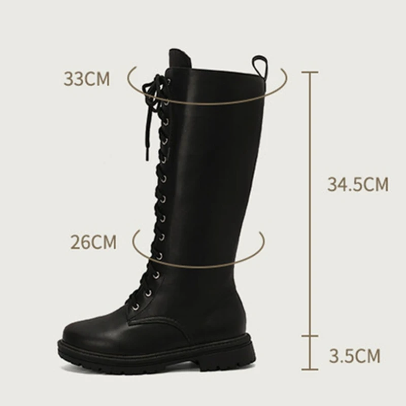 REAVE CAT Women Knee High Boots Round Toe 3.5cm Heel Lace Up Big Size 46 47 48 US17 Party Bota Faux Leather Mortorcycle Ridding