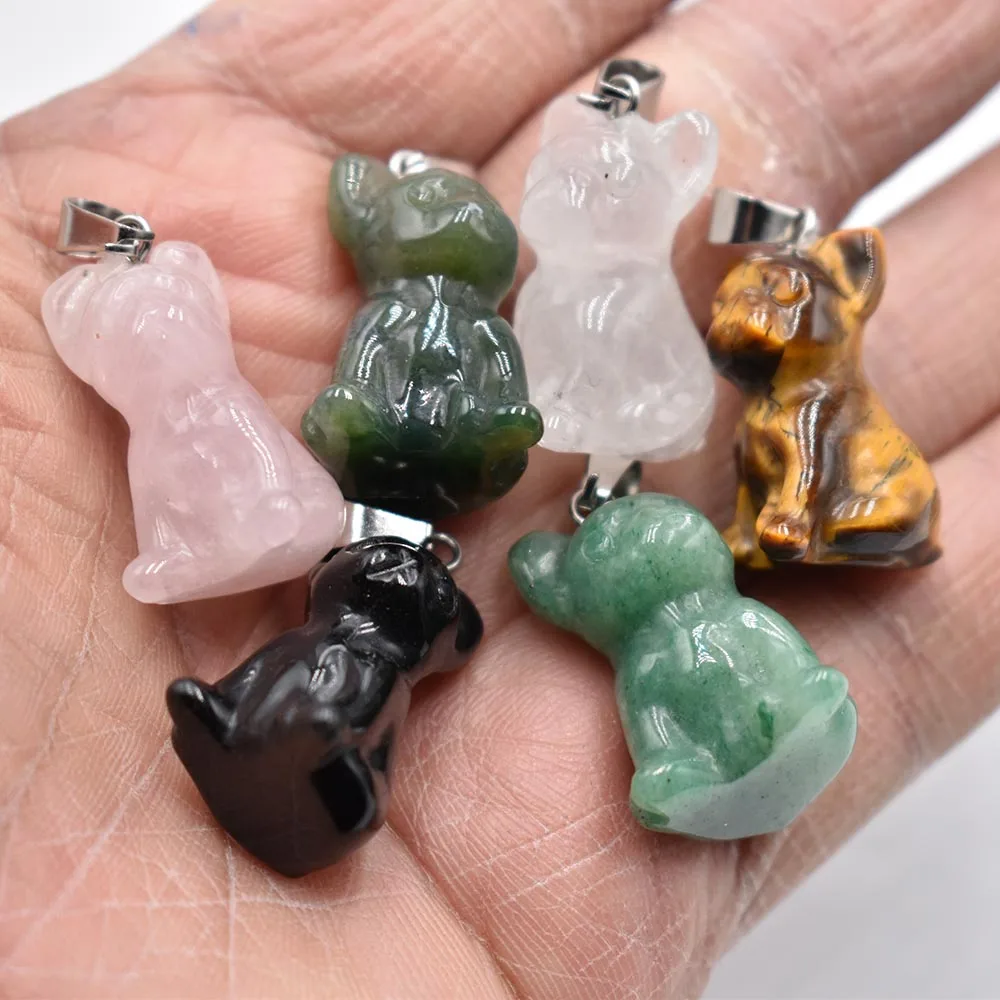 Hot selling fashion natural stone mixed carved Animal dog shape pendants for jewelry making wholesale 6pcs/lot free shipping