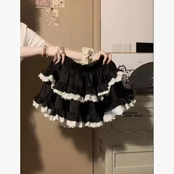 Ballet Style Lace Cake Puffy Black Skirt for Women 2025 New High Waist Loose Casual Lolita Sweet Girl  A-line Mini Skirt Chic