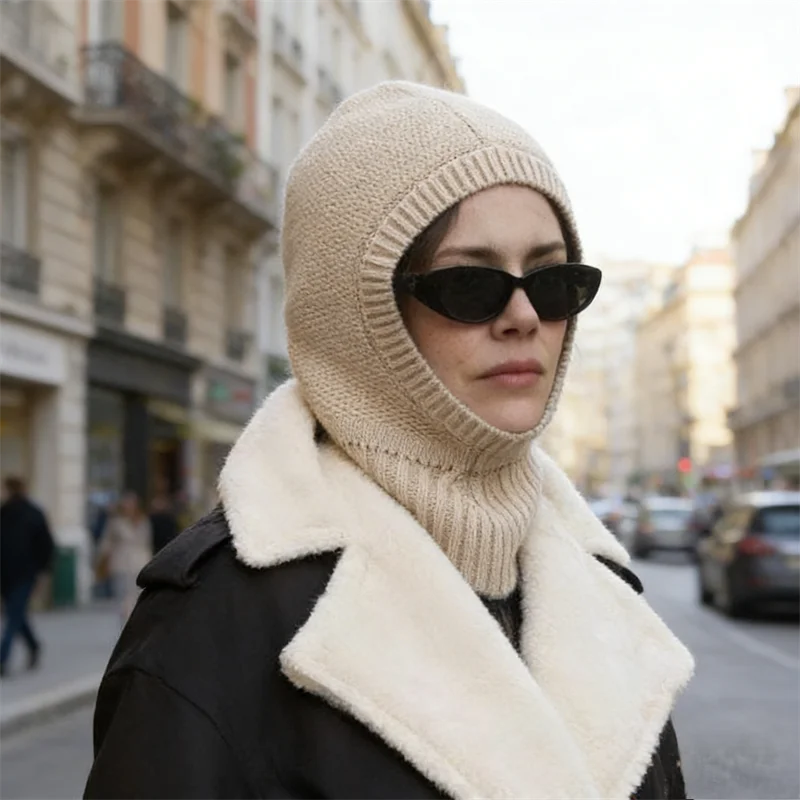

100% Cashmere Knitted Scarf Hats Outdoor Warm Girl Cap Lady Neck Sarf Loose Beanie for Winter Detachable Hood Men Women