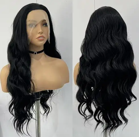 Perucas sintéticas pretas de renda para mulheres, cabelo comprido, corpo ondulado, fibra resistente ao calor, peruca sem cola, uso diário, cosplay