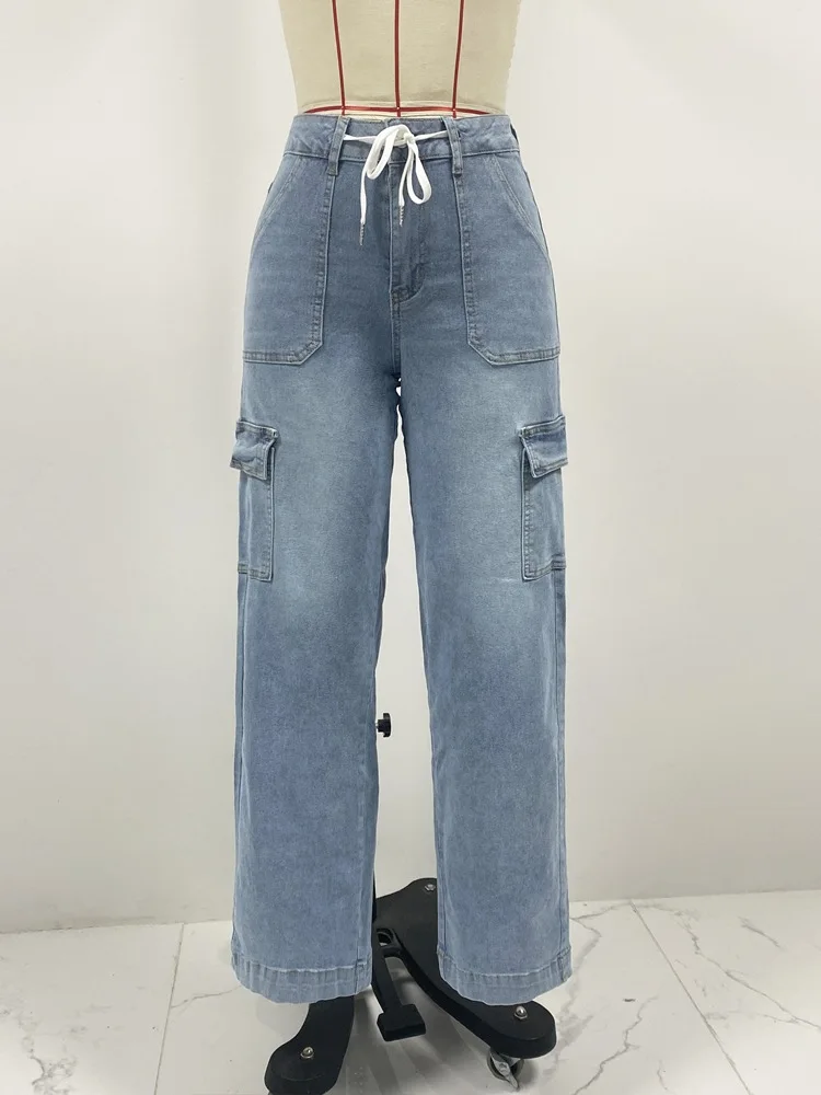 Calças de brim calças de carga feminina streetwear denims lavado angustiado cordão rendas até vários bolsos 2024 outono calças retas