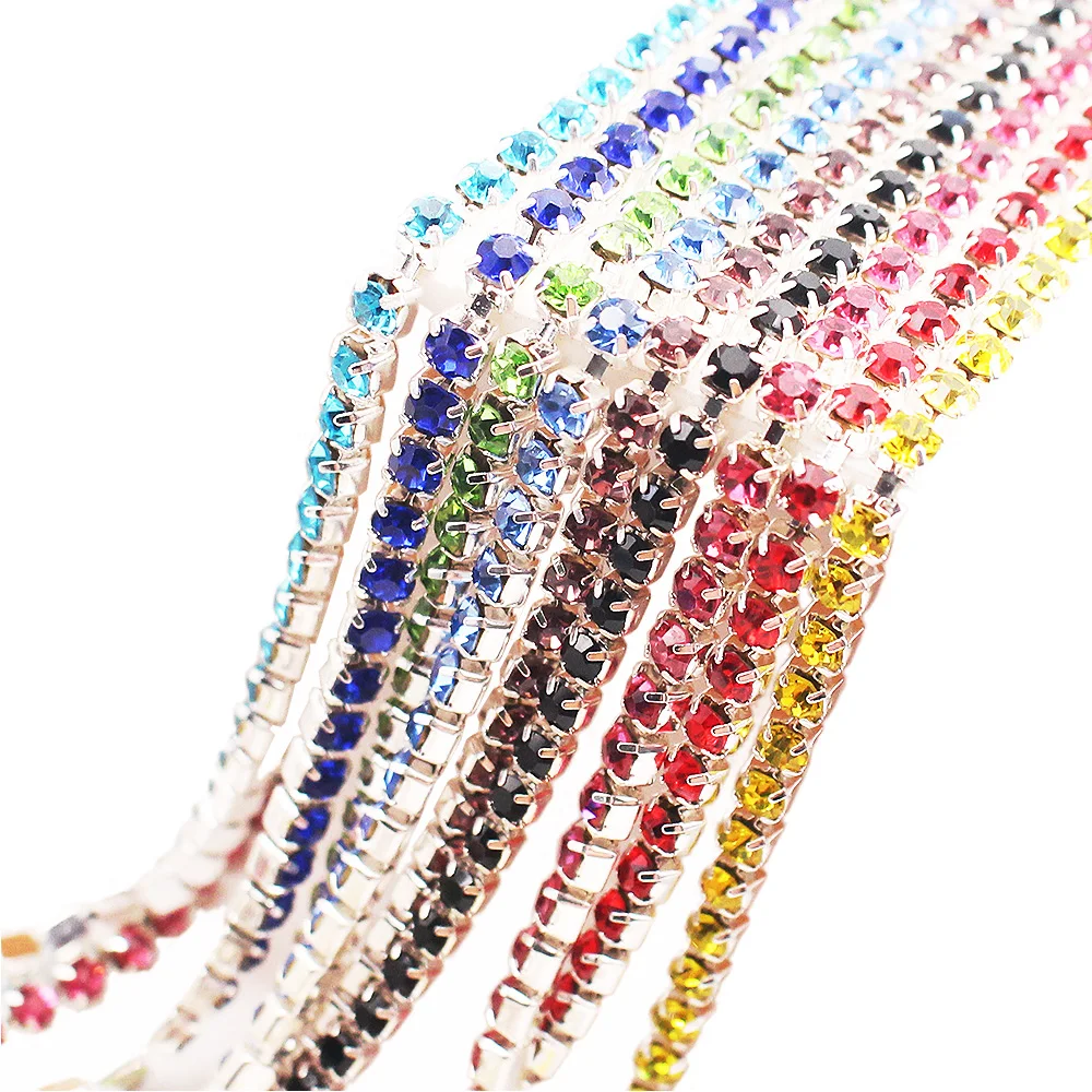 Silver Base Rhinestones Chain, Shiny Glass Crystal Stone, DIY Handcraft Stones, Sewing Strass Chian, 1 Meter