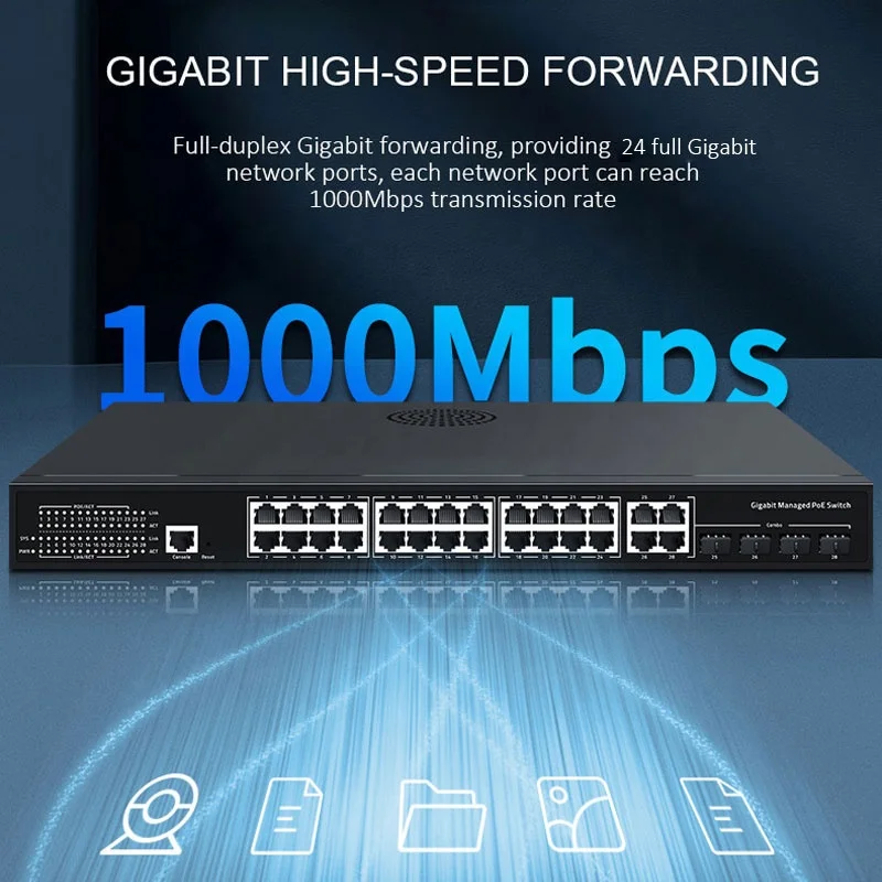 32 Ports Managed Network Switch PoE  24 x 1G PoE Ports 4 x 1000M Uplink Ports 4 SFP PoE Switch Power Supply for CCTV Camera