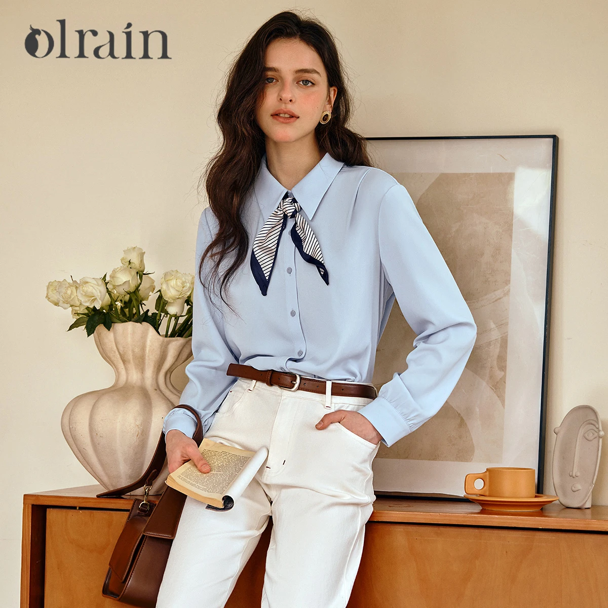 

OLrain Blue Scarf-Neck women's Shirt 2025 Autumn New Arrival Long Sleeve Loose Shirt Elegant Women's Blouses Top O57QC000290