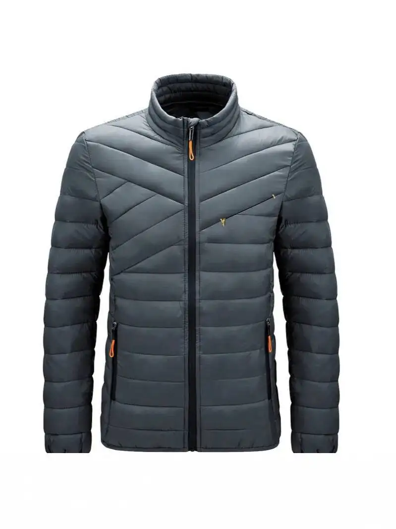 Jaqueta acolchoada leve masculina para baixo casaco de algodão térmico alternativo gola à prova de vento estiramento manguito segurança bolso com zíper