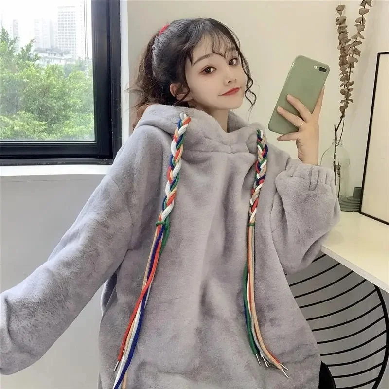 

2023 Lace up Decoration Plus Fleece Thickened Lamb Fleece Hooded Sweater Women's Simple Commuter Loose Plush Top Korean Edition