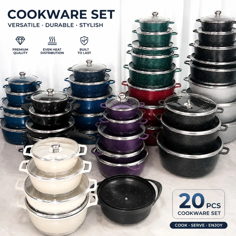 Maifan Stone Nonstick Cookware Set – 10-Piece Die-Cast Soup Pot, Frying Pan, Wok & Milk Pot with Marble-Like Finish
