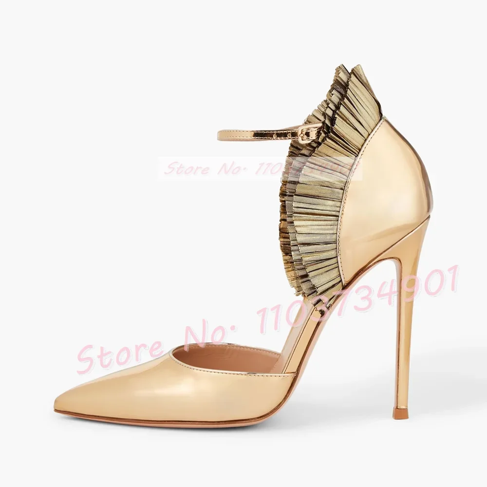 Ruffled Metallic Gold Pumps Women Luxury Chic Pointed Toe High Heels Party Shoes Female Summer Ankle Strap Cover Heel Sexy Shoes