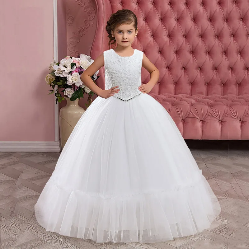 Vestido de princesa blanco elegante para niñas, traje Formal con lazo para fiesta de cumpleaños, baile de graduación, malla hinchada con lentejuelas, ropa para adolescentes