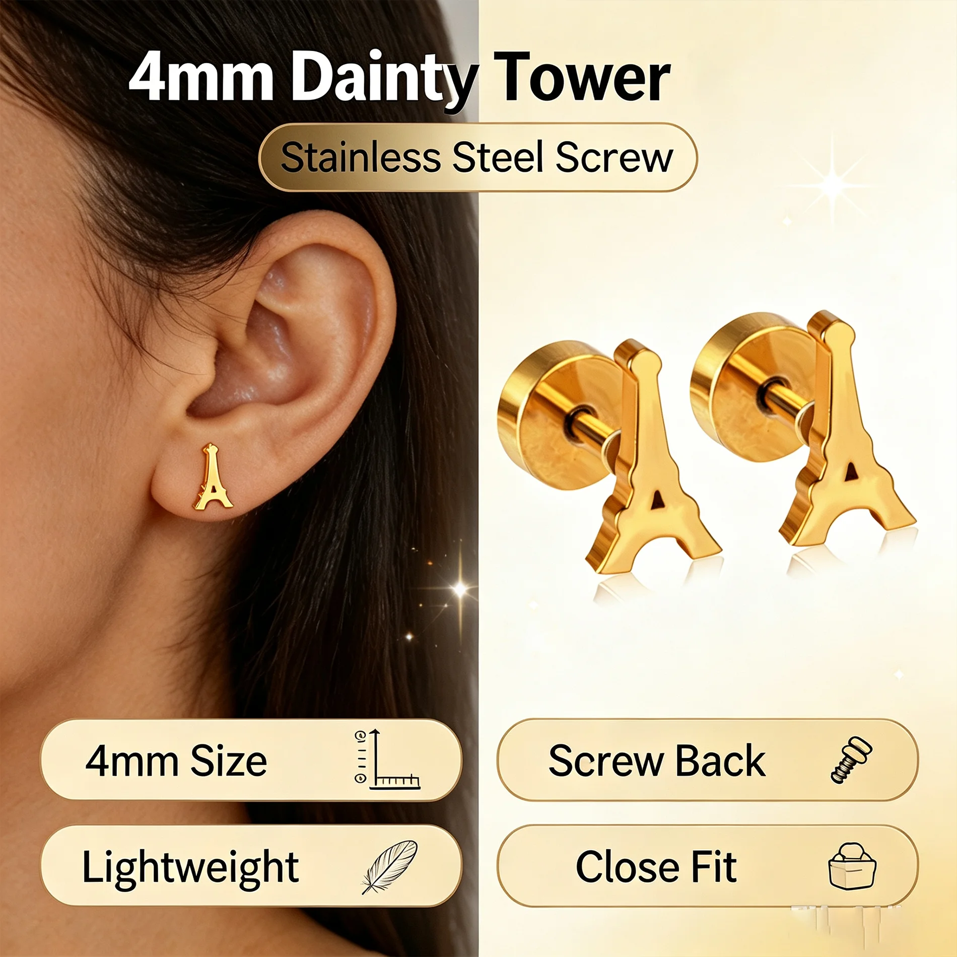 4mm Eiffel Tower Screw Back Stud Earrings 316L Stainless Steel Hypoallergenic Mini Cartilage Tragus Helix Piercing Jewelry