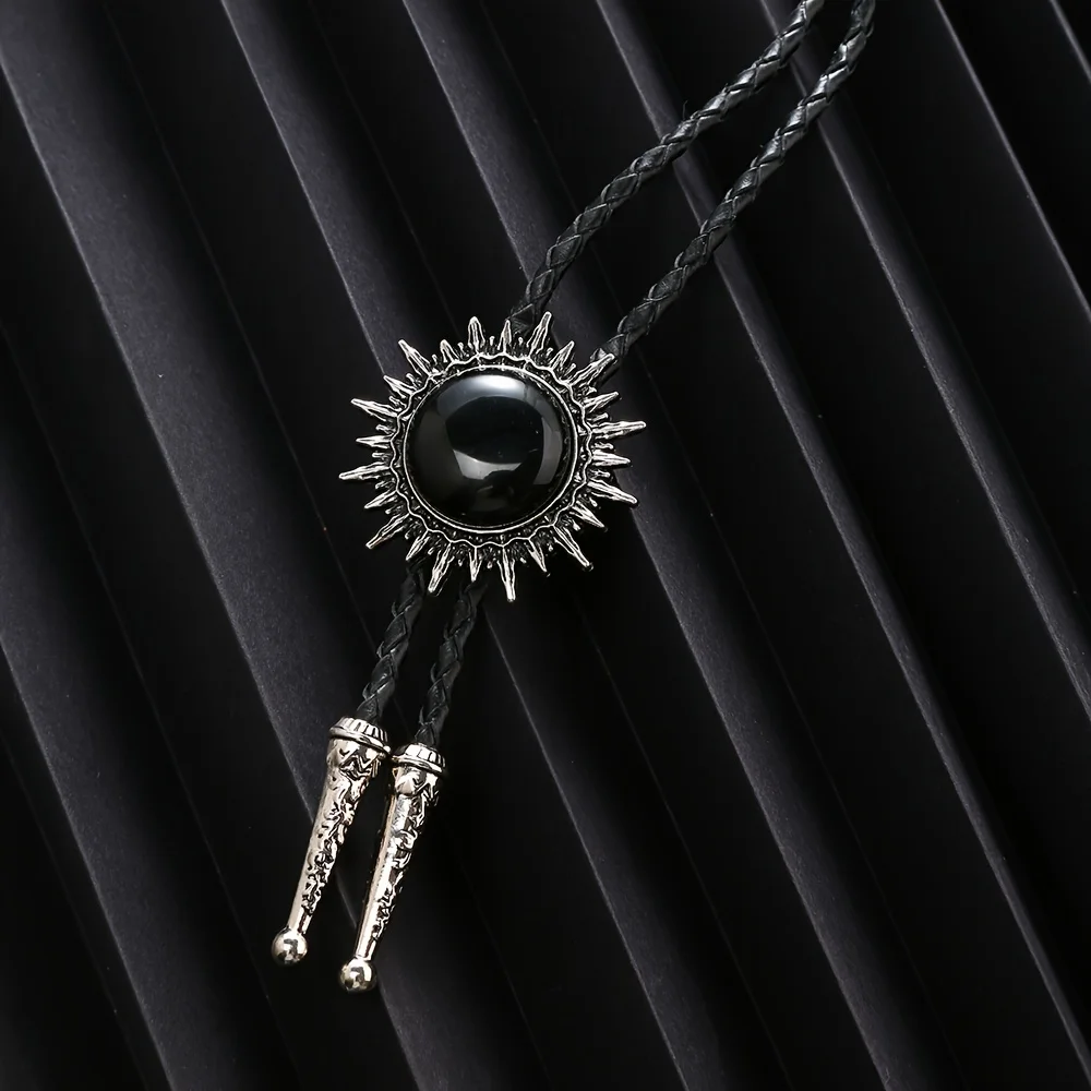 New Fashionable Men's Sunflower-Inlaid Synthetic Gemstone Leather Rope Pollo Tie Men's Tie Gift Accessory Wholesale