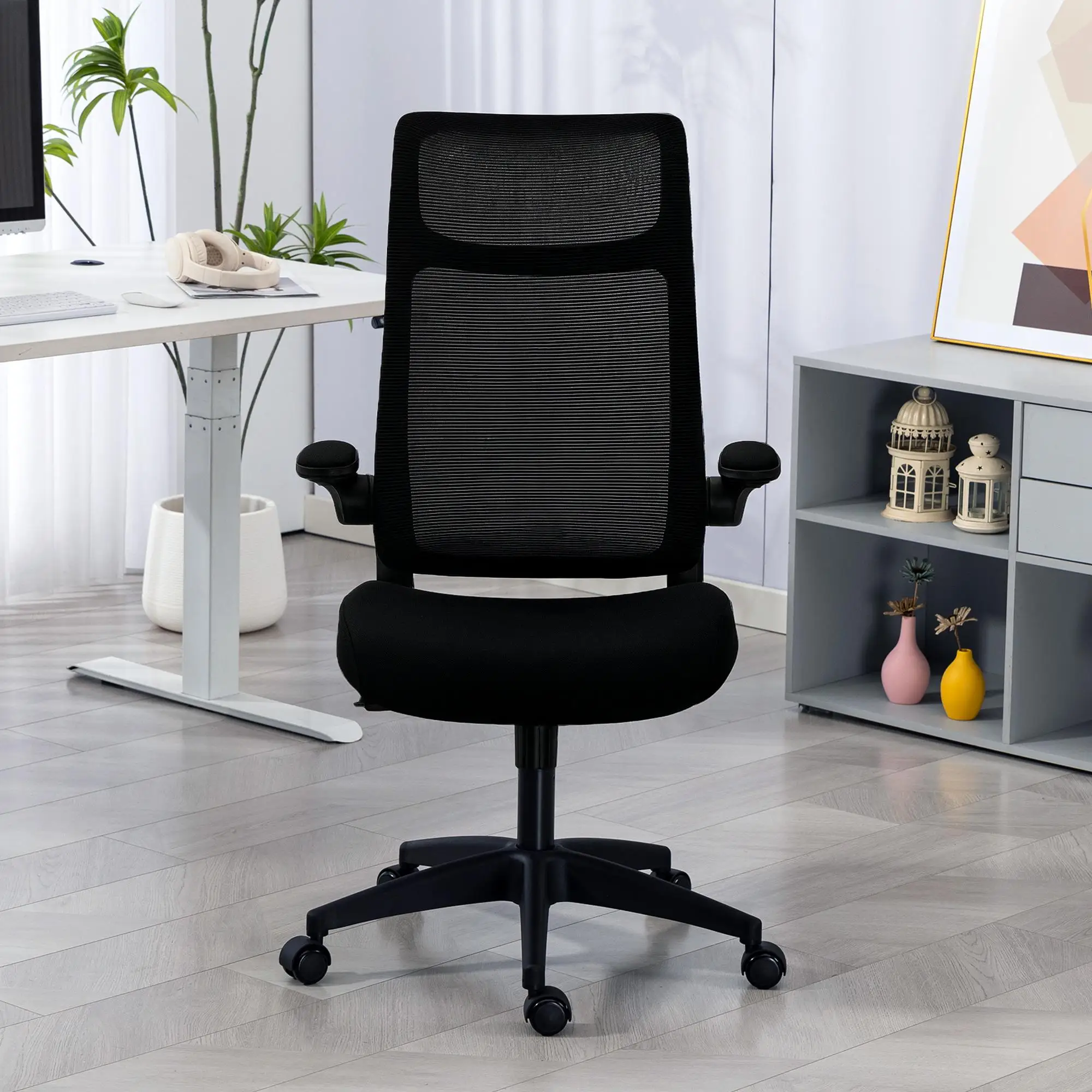 Chaise de bureau ergonomique S-Back avec accoudoirs 3D et appui-tête Malla Noir 64x65x108-118 cm