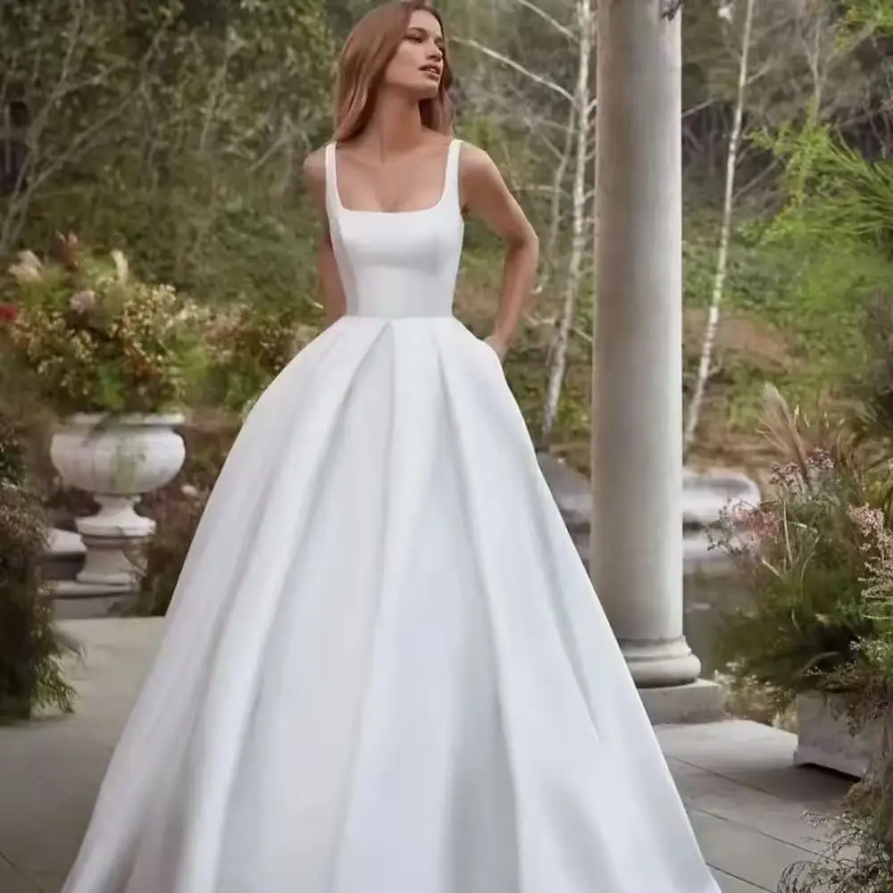 

Customize Simple Wedding Gowns Elegant Satin A Line Bride Dress With Pocket Spaghetti Measure Stunning Bridal Gowns