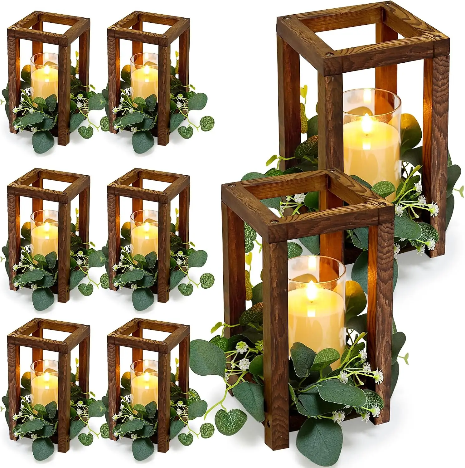 18 piezas de centros de mesa de linterna de madera - Linterna de boda con coronas de eucalipto y velas LED sin llama, estilo rústico para bodas campestres, fiestas y decoración de mesas de granja