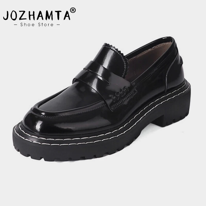 JOZHAMTA Size 34-39 Real Leather Women Loafers Platform Thick Mid Heels Shoes 2025 Ins Fashion Work Office Spring Casual Trendy