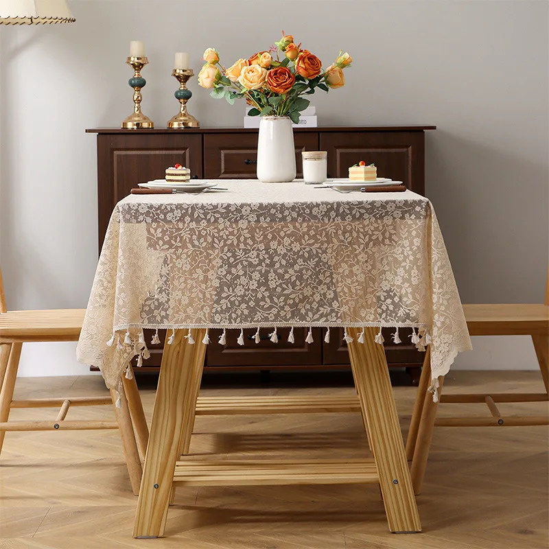 

Французская кружевная скатерть с цветочным узором для прямоугольного стола с бахромой, в винтажном стиле, жаккардовая, для свадеб и торжеств, чехол для обеденного стола