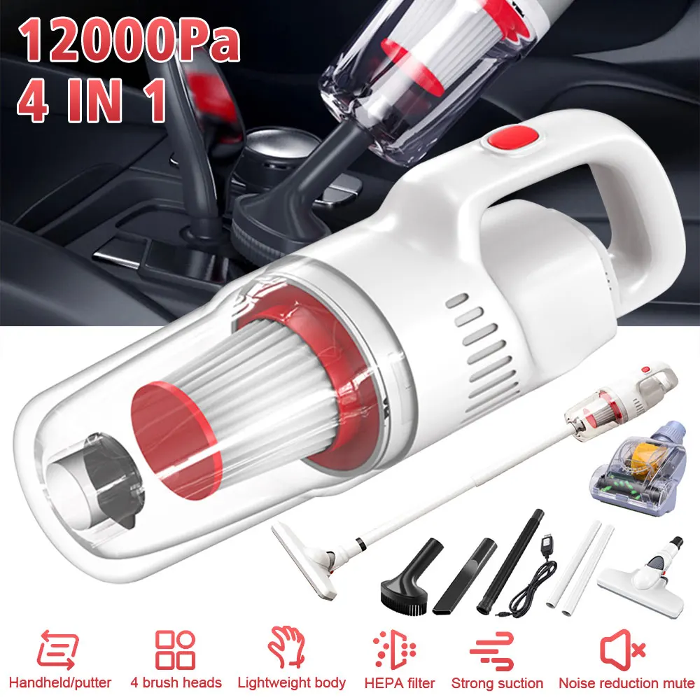 12000PA 4 In1 Car Home Vacuum Cleaner Cordless Portable Strong Suction Air Dust Cleaner with push rods are easy to clean