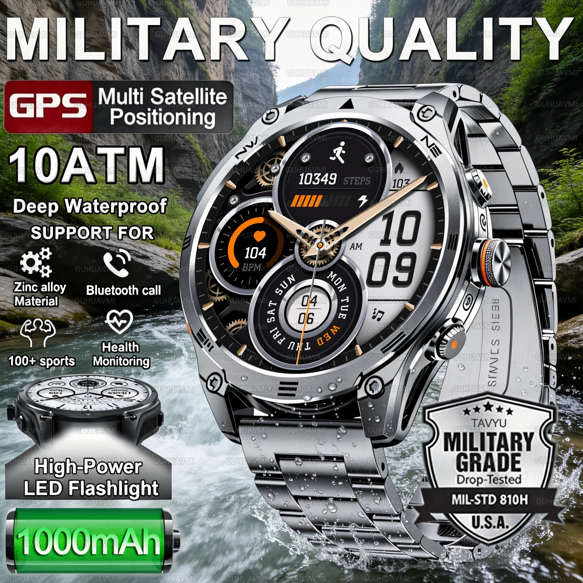 

Новые военные смарт-часы 2026 года с аккумулятором 1000 мАч, GPS-трекером, компасом, водонепроницаемостью 10ATM, тактическим спортивным фонариком и функцией звонков для мужчин
