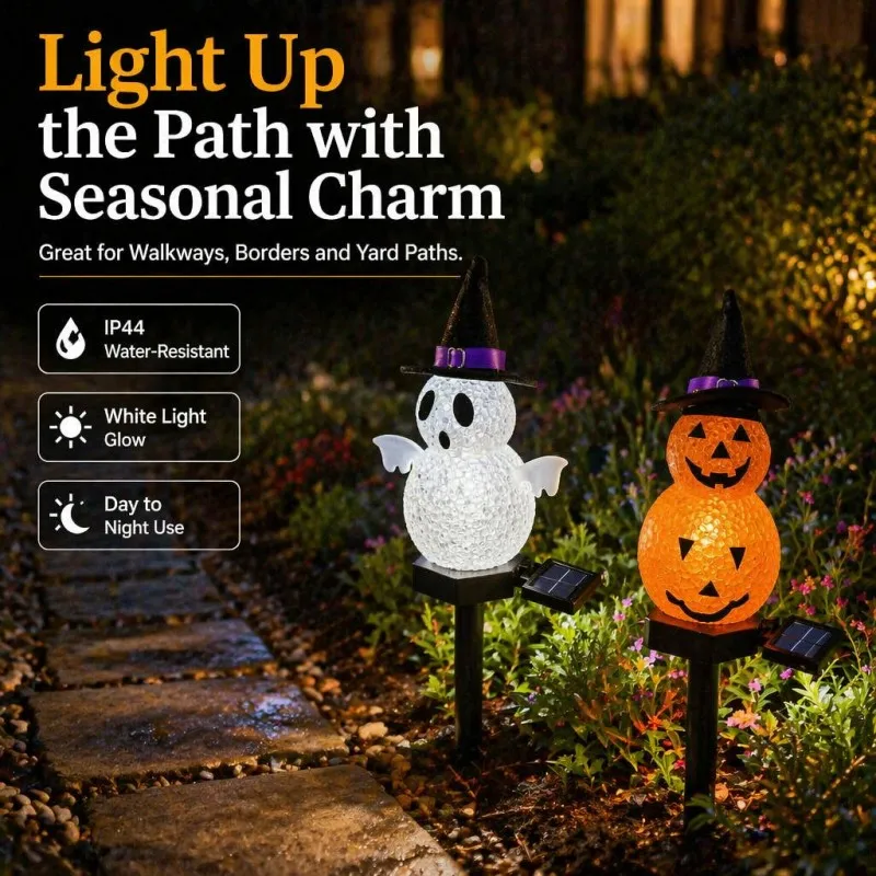 Solar-Powered LED Ghost/Pumpkin Garden Stake Light – Outdoor Halloween Pathway Light for Lawn and Patio Decoration