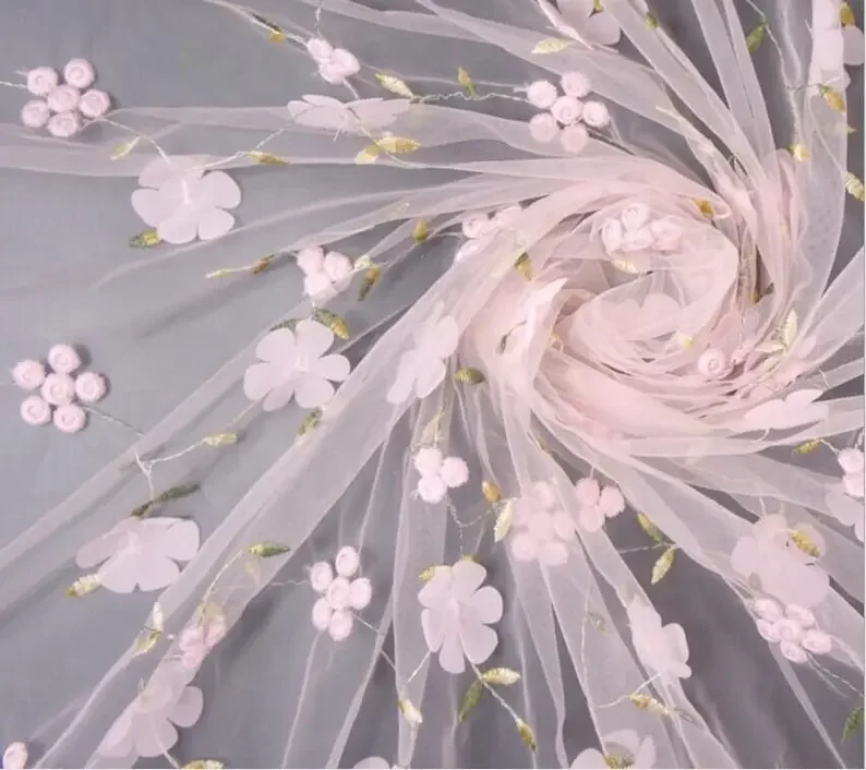3D chiffon flower embroidery Lace Fabric, pink flower soft mesh tulle for Wedding Dress ,Bridal Veil,Bridal Dress
